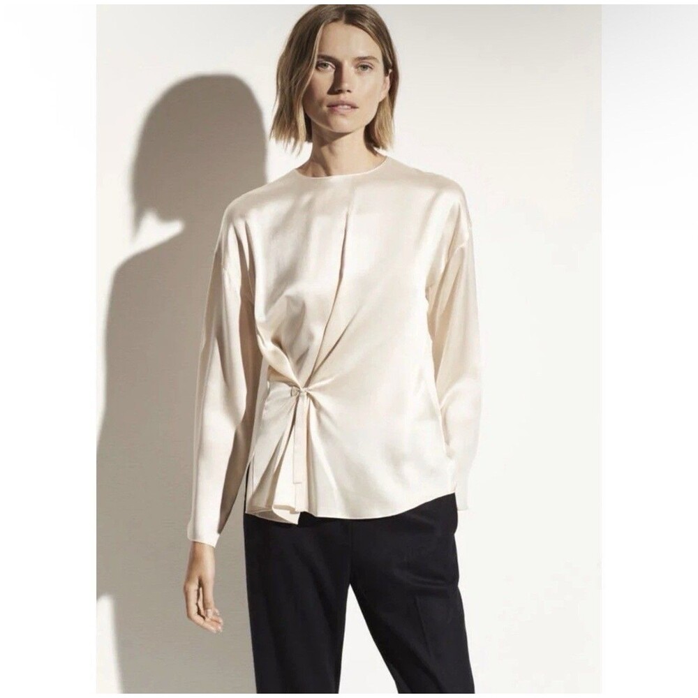 Vince Silk Knot Front Blouse Long Sleeve Top Shirt Cream Sz Small S Minimalist